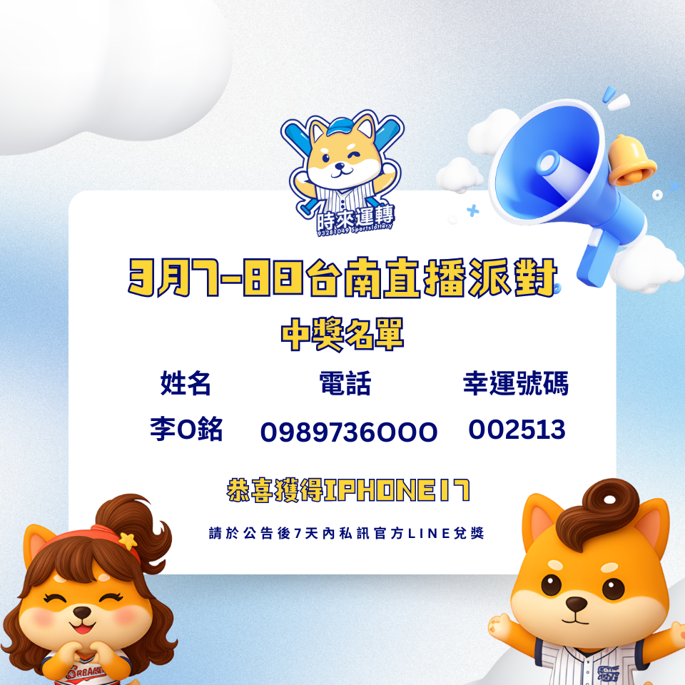 【中獎公告】3月7-8日台南直播派對抽獎 | 名單公布