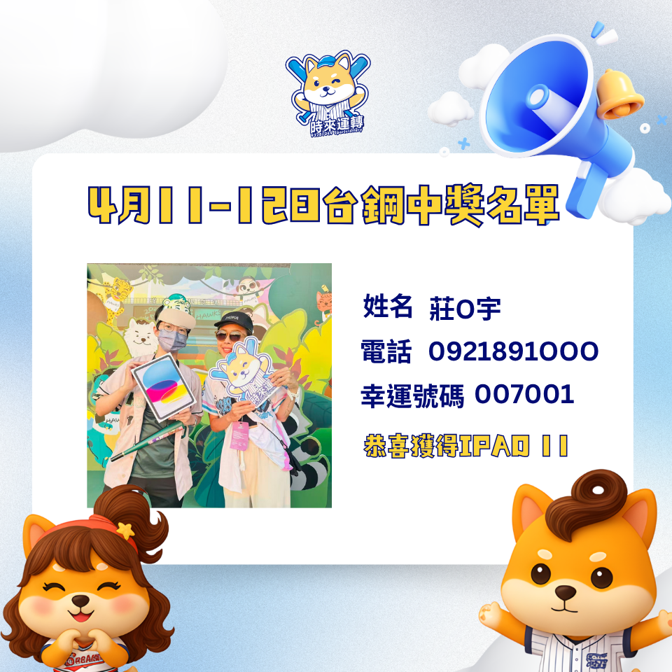 【中獎公告】4月12日台鋼雄鷹/統一獅 | 名單公布
